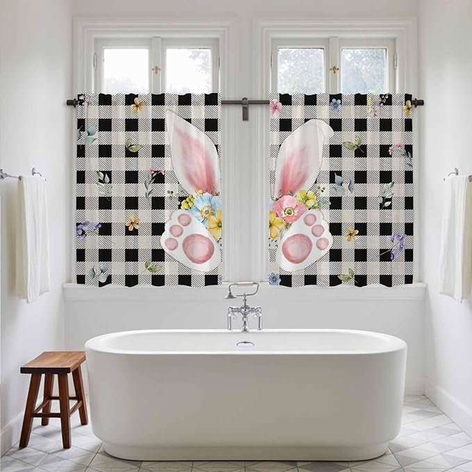 Easter Kitchen Curtains 45 Inch Long 2 Panel Set, Rod Pocket Window Treatment, Spring Rabbits Ears Feet Wildflowers Black Plaid Light Filtering Panels Short Drapes for Bathroom Camper 42"W x 45"L