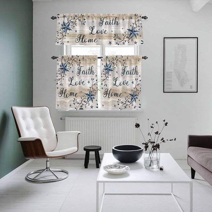Vintage Country Kitchen Curtains Set 3 Piece for Windows,Rod Pocket Valance and Tier Set 24 Inch Length,Blue Rustic Texas Star Vines Wooden Grain Light Filtering Cafe Curtains for Living Room