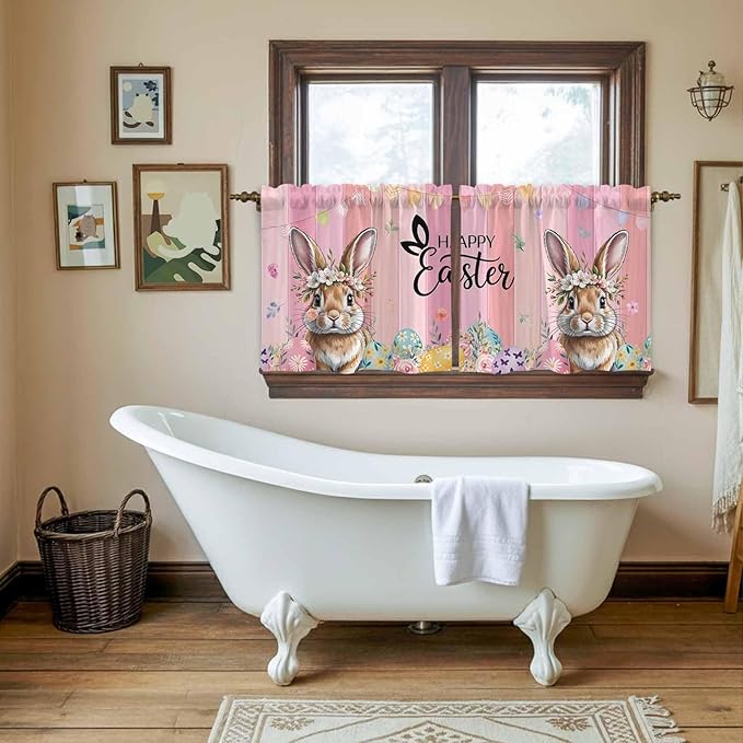 Easter Tier Curtains, Spring Rabbit Eggs Flowers Flags Leaves Wood Grain Light Filtering Kitchen Curtains, 2Pcs Rod Pocket Half Window Treatments Panels for Sink Cafe Cabinet Camper 27.5x36 Inches