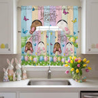 Swag Valance Curtains, Happy Easter Rabbit Butt Egg on Daisy Leaf Rod Pocket Valances Swag Topper for Kitchen Windows, Bufferfly on Wood Barn Light Filtering Short Curtain for Bedroom Bathroom 56x36In