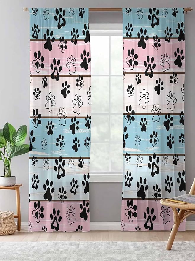 Sheer Curtains 84 Inches Long, Blue Pink Dog Paws Prints Semi Sheer Curtains Light Filtering Window Treatment, Farmhouse Beige Wood Privacy Voile Drapes for Living Room Bedroom 52x84 Inch