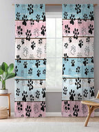 Sheer Curtains 108 Inches Long, Blue Pink Dog Paws Prints Semi Sheer Curtains Light Filtering Window Treatment, Farmhouse Beige Wood Privacy Voile Drapes for Living Room Bedroom 52x108 Inch