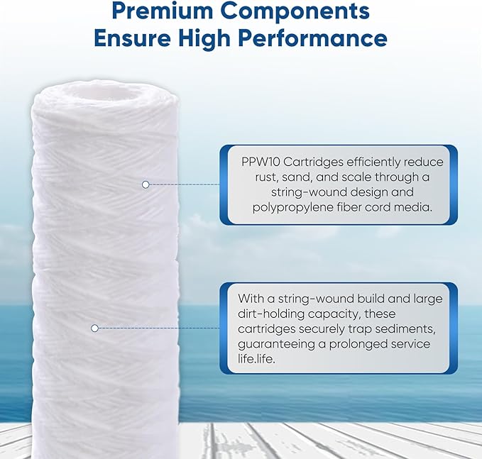 PUREPLUS 5 Micron 10"x2.5" Whole House String Wound Sediment Filter for Well Water, Replacement Cartridge for Universal 10 inch RO System, WP-5, Aqua-Pure AP110, CFS110, Culligan P5, WFPFC4002, 6Pack