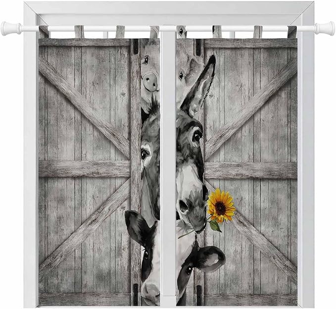 Funny Farm Animals Living Room Curtains 84 Inch Length, Window Curtains Tab Top, Vintage Barn Grey Sunflowers Light Filtering Window Treatments Drapes 42"x84" 2 Panel