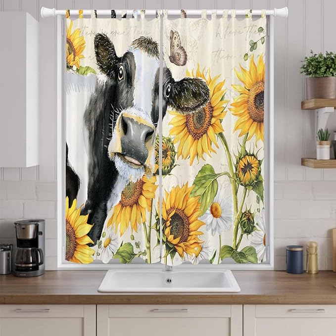 Yellow Sunflowers Living Room Curtains 84 Inch Length, Window Curtains Tab Top, Country Cow Flower Butterfly Farmhouse Cream Light Filtering Window Treatments Drapes 52"x84" 2 Panel