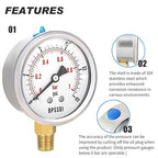 0-15 Psi Glycerin Liquid Filled Low Pressure Gauge, 2.5" Dial Size, 1/4" NPT Lower Mount, 304 Stainless Steel Case, for Water Pipe, HVAC, Water Oil Air Pressure Test