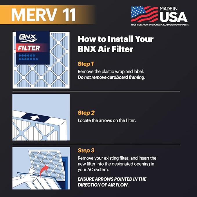 BNX 20x25x1 MERV 11 Air Filter 4 Pack - MADE IN USA - Electrostatic Pleated Air Conditioner HVAC AC Furnace Filters - Removes Dust, Mold, Pollen, Lint, Pet Dander, Smoke, Smog