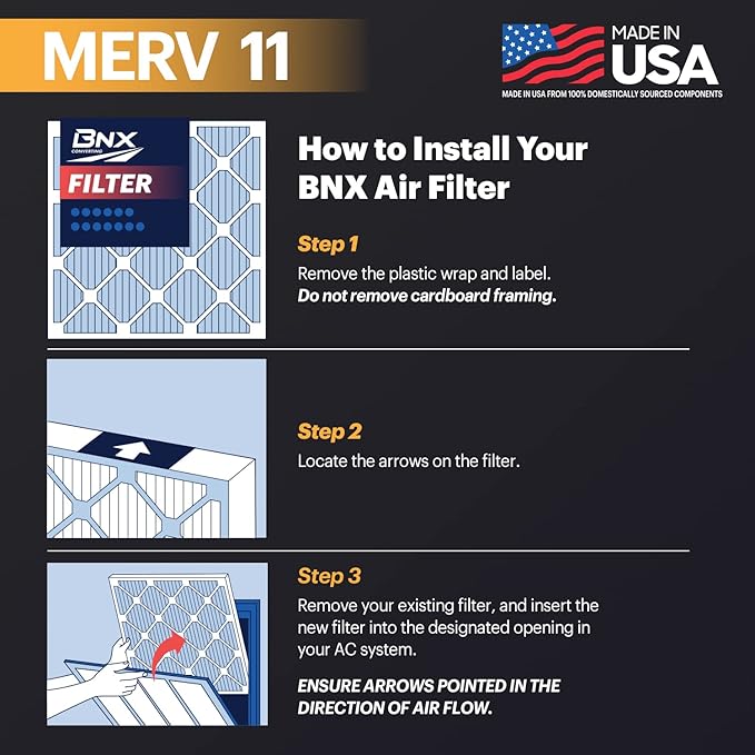 BNX 20x20x1 MERV 11 Air Filter 2 Pack - MADE IN USA - Electrostatic Pleated Air Conditioner HVAC AC Furnace Filters - Removes Dust, Mold, Pollen, Lint, Pet Dander, Smoke, Smog