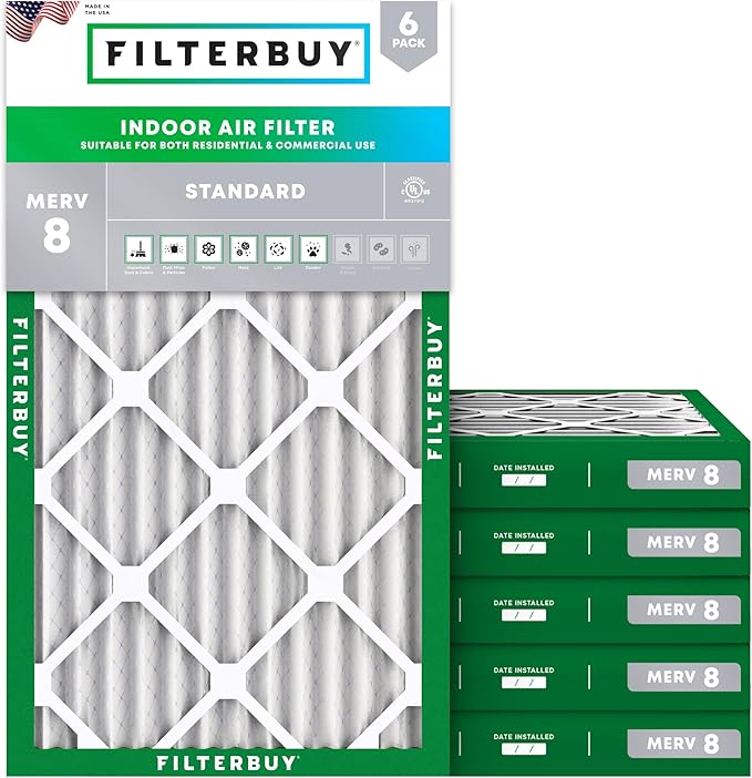 Filterbuy 10x20x2 Air Filter MERV 8 Essential Dust & Allergy Defense (6-Pack), Electrostatic Pleated HVAC AC Furnace Filters Replacement, Made in USA (Actual Size: 9.50 x 19.50 x 1.75)