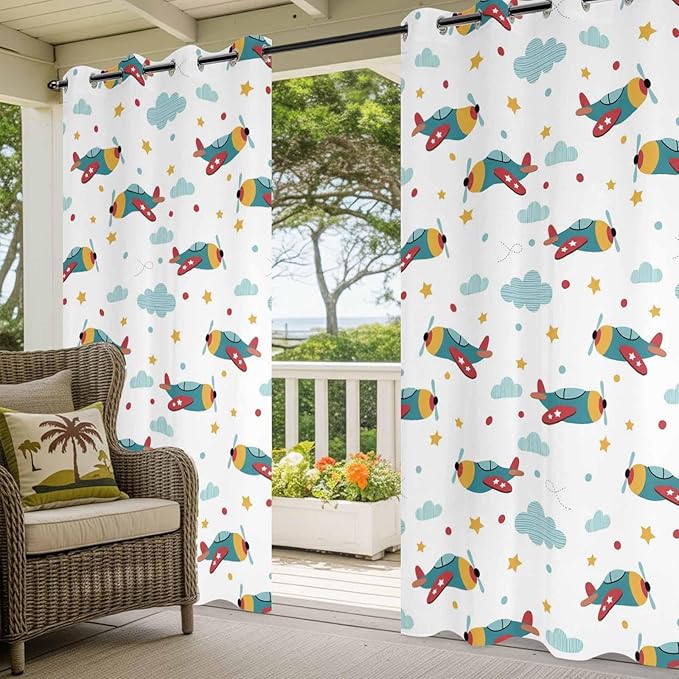 Turquoise Airplane Waterproof Outdoor Curtains for Patio,Windproof Weatherproof Curtains with Weighted Hem,Modern Art Cartoon Aircraft Clouds Light Filtering Privacy Drapes for Porch 54"x 95" 2 Panels