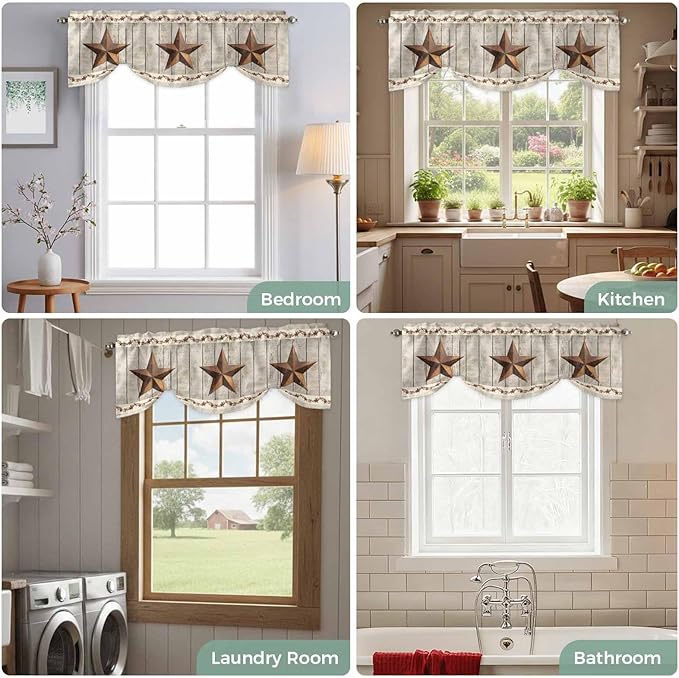 Western Texas Star Retro Tie Up Valance Curtains for Windows, Kitchen Curtains Window Shades, Country Farmhouse Gray Wood Grain Light Filtering Roman Curtain Valances for Bedroom/Bathroom/Cafe 60"x18"