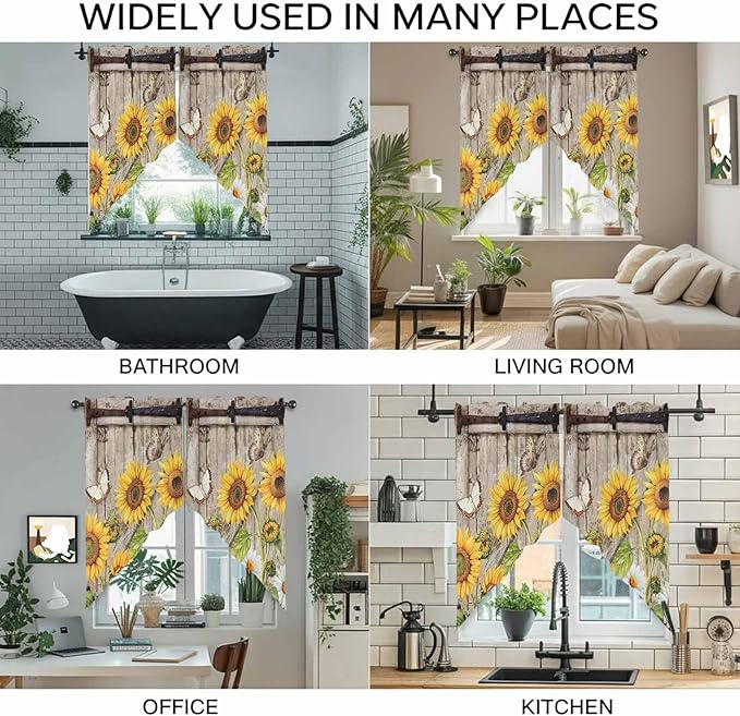 Farmhouse Sunflowers Swag Valances for Windows, Rustic Barn Doors Flowers Butterfly Wooden Rod Pocket Kitchen Curtains Valance, Kitchen Window Curtains Swag for Cafe Living Room, 2 Panels, 36x63 inch
