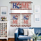 4th of July Kitchen Curtains Set 3 Piece for Windows,Rod Pocket Valance and Tier Set 24 Inch Length,Stars Striped Farmhouse American Flag Wood Grain Light Filtering Cafe Curtains for Living Room