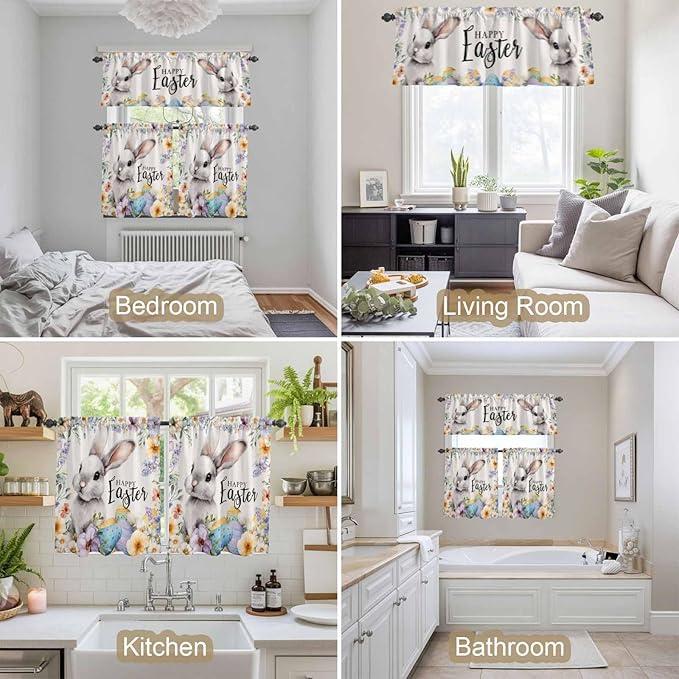 Happy Easter Kitchen Curtains Set 3 Piece for Windows,Rod Pocket Valance and Tier Set 36 Inch Length,Spring Grey Bunny Colorful Eggs Flower Beige Light Filtering Cafe Curtains for Living Room