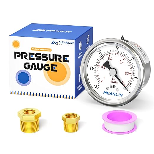 MEANLIN MEASURE -30inHG~0Psi Vacuum Gauge Stainless Steel 1/4" NPT 2" FACE DIAL Waterproof for Air Compressor HVAC Negative Pressure Hand Pump Pool Back Mount with 1/2" NPT and 3/8" NPT Hex Bushing