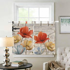 Retro Floral Kitchen Curtains 45 Inch Length, Short Cafe Window Curtains Tab Top, Red Yellow Tulips Barm Doors Farmhouse Wooden Light Filtering Window Treatments Tier Drapes 27.5"x45" 2 Panel