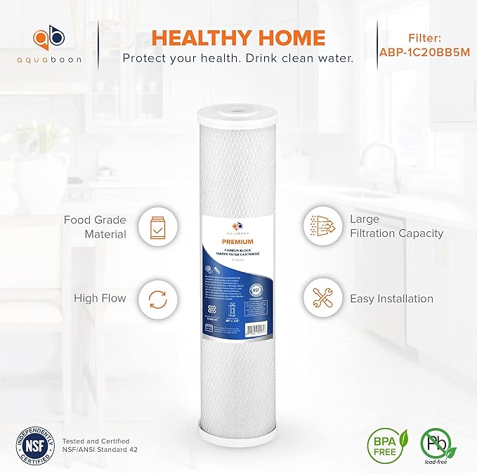 Aquaboon 5 Micron 20 x 4.5 Premium CTO Activated Carbon Water Filter Cartridge Replacement for Whole House Compatible with FC25B, EP-20BB, 6-PACK
