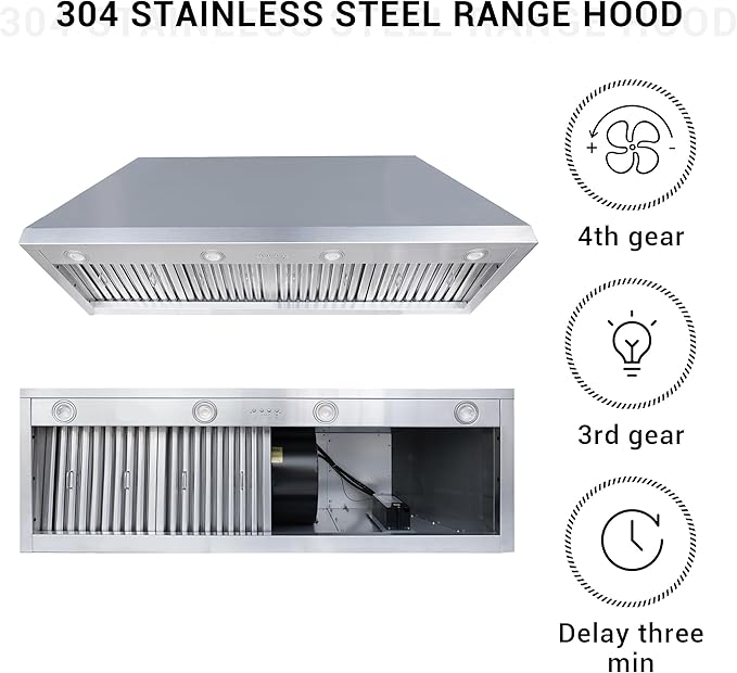 CHETTO C Stainless Steel Range Hood Cover with 4-Speed Vent Hood Insert Custom Handcrafted Metal Kitchen Fan with Towel Rack LED Light 54"W x21"D x39"H White Wall Mount