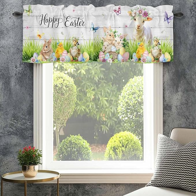 Easter Curtain Valances for Windows, Kitchen Valance Window Treatment, Spring Sheep Bunny Duck Plants Wooden Grain Light Filtering Block Curtains for Bathroom/Bedroom/Living Room 42'' x 18''