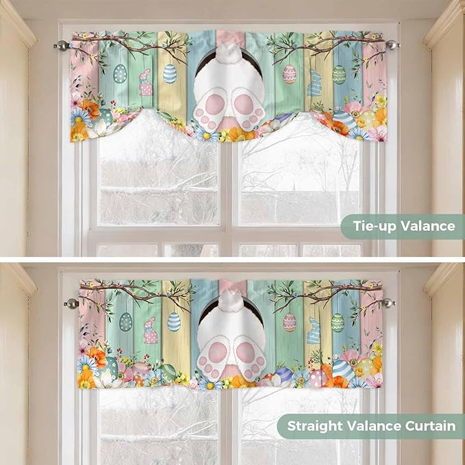 Easter Tie Up Valance Curtains for Windows, Kitchen Curtains Window Shades, Spring Colorful Bunny Eggs Flower Wood Grain Light Filtering Roman Curtain Valances for Bedroom/Bathroom/Cafe 42"x12"