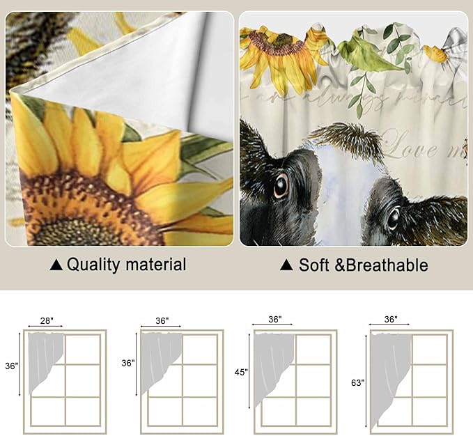 Yellow Sunflowers Swag Valances for Windows, Country Cow Flower Butterfly Farmhouse Cream Rod Pocket Kitchen Curtains Valance, Small Window Curtains Swag for Cafe Living Room, 2 Panels, 28x36 inch