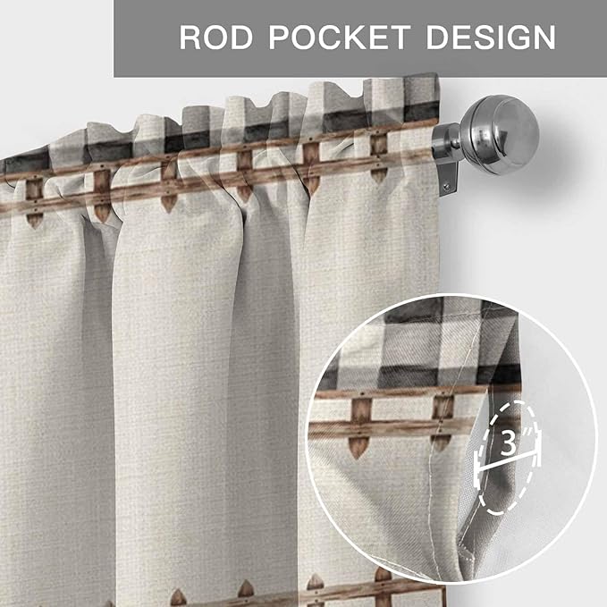 Spring Flowers Curtain Valances for Windows, Kitchen Valance Window Treatment, Vintage Watercolor Black Plaid on Linen Light Filtering Block Curtains for Bathroom/Bedroom/Living Room 54'' x 18''