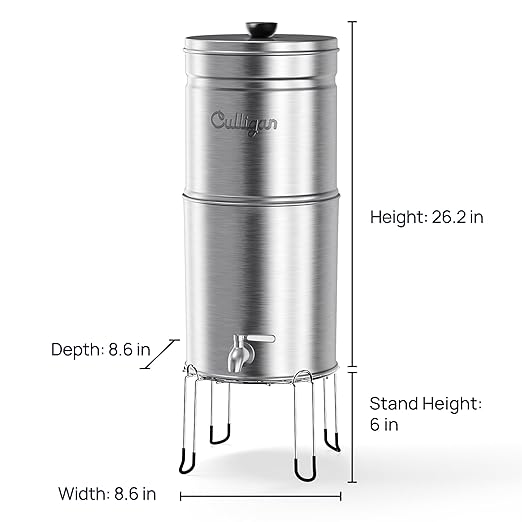 Culligan MaxClear 2.25 Gallon Gravity Water Filter System, Polished Stainless-Steel Countertop Water Filter NSF/ANSI Certified to Reduce Microplastics, Lead & Total PFAS, with 1 Ceramic Filter