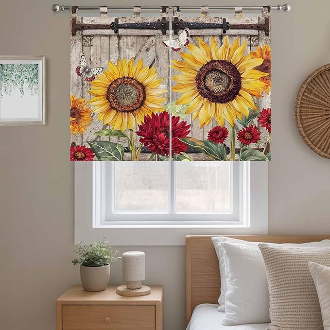 Sunflowers Kitchen Curtains 45 Inch Length, Short Cafe Window Curtains Tab Top, Retro Flower Barn Doors Butterfly Farmhouse Brown Light Filtering Window Treatments Tier Drapes 27.5"x45" 2 Panel