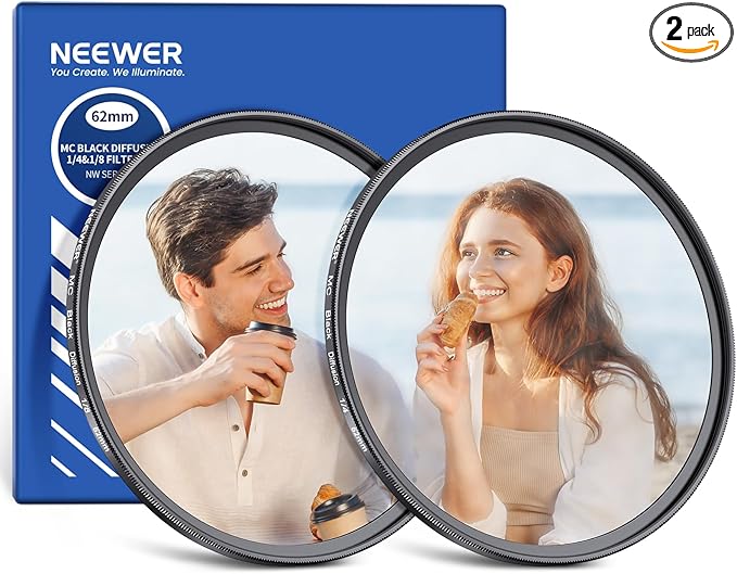 NEEWER 62mm 1/4 & 1/8 Black Diffusion Camera Lens Filter 2 Pack Set, Dreamy Cinematic Effect Filter Multicoated Glass Storage Case Cleaning Cloth, for Portrait Photography Video