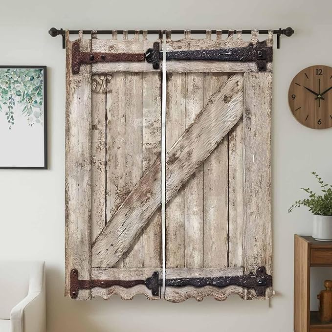 Farmhouse Wood Grain Living Room Curtains 84 Inch Length, Window Curtains Tab Top, Vintage Country Barn Gate Brown Light Filtering Window Treatments Drapes 52"x84" 2 Panel