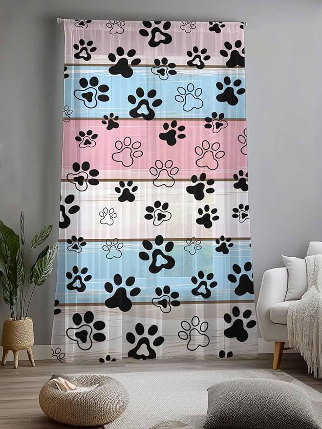 Sheer Curtains 108 Inches Long, Pink Blue Paw Print Semi Sheer Curtains Light Filtering Window Treatment, Vintage Farmhouse Wooden Grain Privacy Voile Drapes for Living Room Bedroom 52x108 Inch