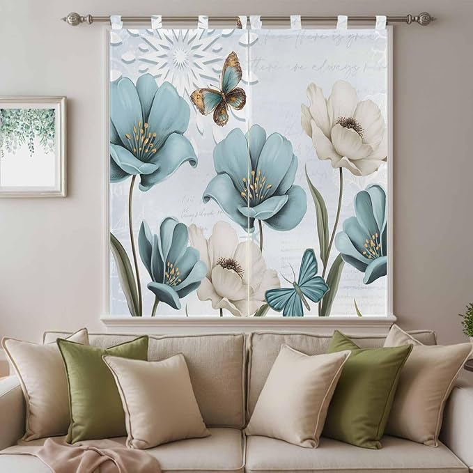 Blue Tulips Bathroom Curtains 63 Inch Length, Window Curtains Tab Top, Watercolor Flowers Butterfly Spring Farmhouse Blue Light Filtering Window Treatments Drapes 52"x63" 2 Panel