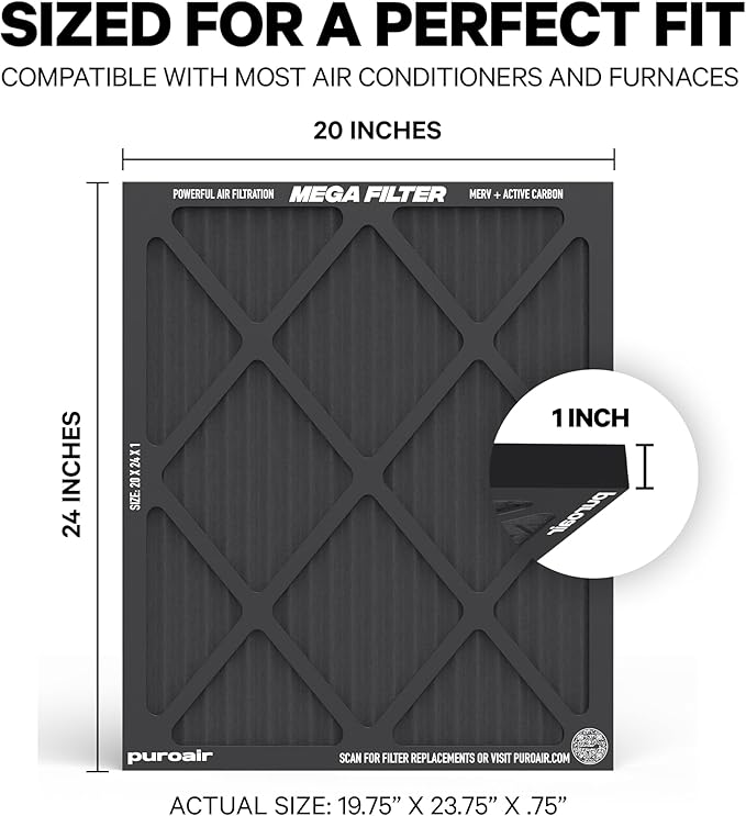 PuroAir MegaFilter - 20x24x1 Air Filter MERV 13 Activated CarbonTech Defense - Heavy Duty 3 Layer Furnace Filters Allergens, Pollen, Dust, Pet Dander, Smoke, Odors - HVAC Air Filter 20x24x1 (2-Pack)