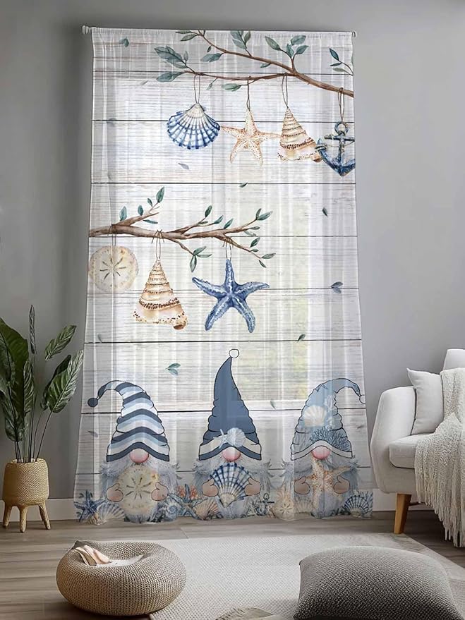 Sheer Curtains 96 Inches Long, Coastal Eucalyptus Semi Sheer Curtains Light Filtering Window Treatment, Ocean Blue Gnomes Starfish Leaf Wood Grain Privacy Voile Drapes for Living Room 52x96 Inch