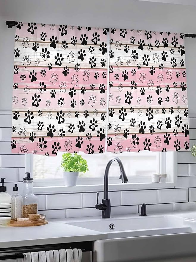 Sheer Curtains 45 Inch Length, Pink Beige Paw Print Semi Sheer Curtains Light Filtering Window Treatment, Vintage Farmhouse Country Wooden Grain Privacy Voile Drapes for Living Room Bedroom 52x45 Inch
