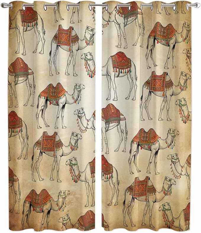 2 Panel Kitchen Cafe Curtains, Desert Sand Camel Sunlight Filtering Nature Air Through, Home Decor Window Covering Tier Curtains for Living Room 80W x 84L inch Summer Tropical Animals Vintage Beige