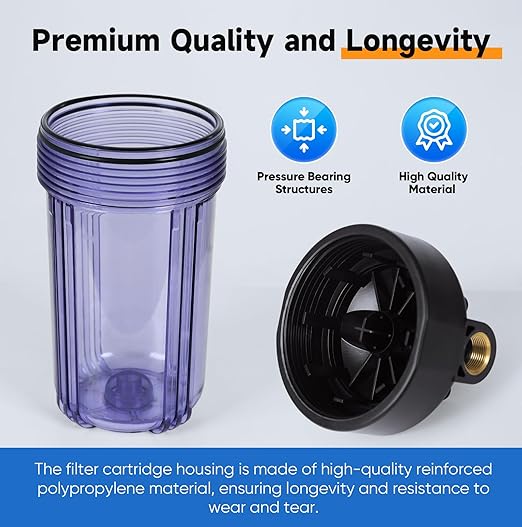 PUREPLUS 2-Stage Whole House Water Filtration System, 10" Universal Clear Housing, Reduces Sediment, Iron/Manganese, Chlorine, Taste & Odor, Ideal for Well Water, Pressure Gauges, 1" Inlet/Outlet