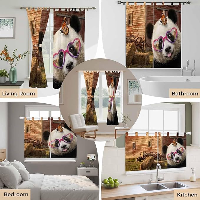 Farm Panda Living Room Curtains 84 Inch Length, Window Curtains Tab Top, Farmhouse Barn Funny Animals Butterfly Light Filtering Window Treatments Drapes 52"x84" 2 Panel