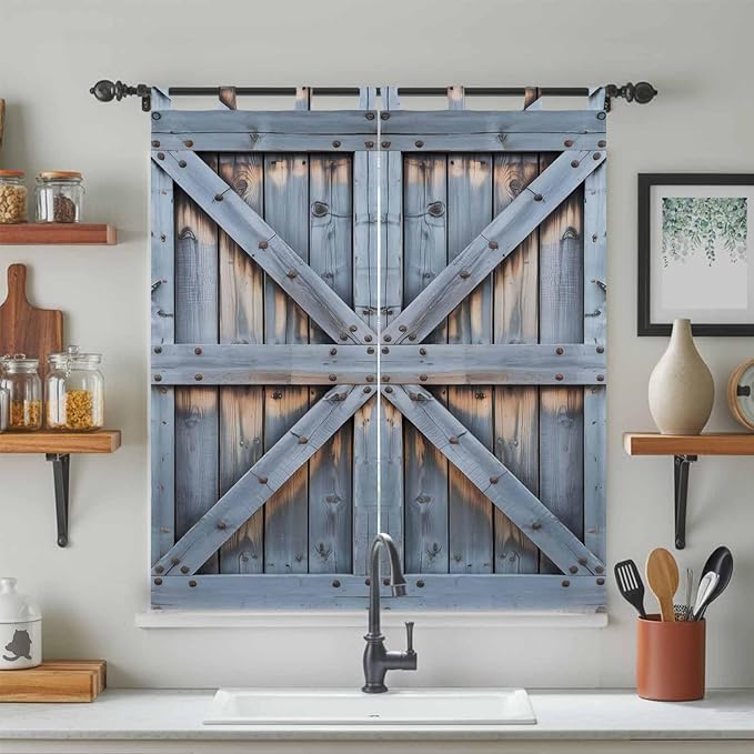 Farmhouse Wood Grain Living Room Curtains 84 Inch Length, Window Curtains Tab Top, Vintage Country Barn Gate Textured Light Filtering Window Treatments Drapes 42"x84" 2 Panel