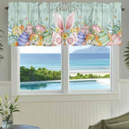 Easter Curtain Valances for Windows, Kitchen Valance Window Treatment, Spring Rabbit Ear Eggs Floral Green Wooden Grain Light Filtering Block Curtains for Bathroom/Bedroom/Living Room 42'' x 12''