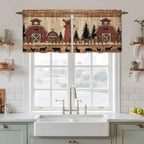 Brown Farmhouse Tier Curtains, Vintage Country Animals Wooden Grain Light Filtering Kitchen Curtains, 2Pcs Rod Pocket Half Window Treatments Panels for Sink Cafe Cabinet Camper 27.5x36 Inches