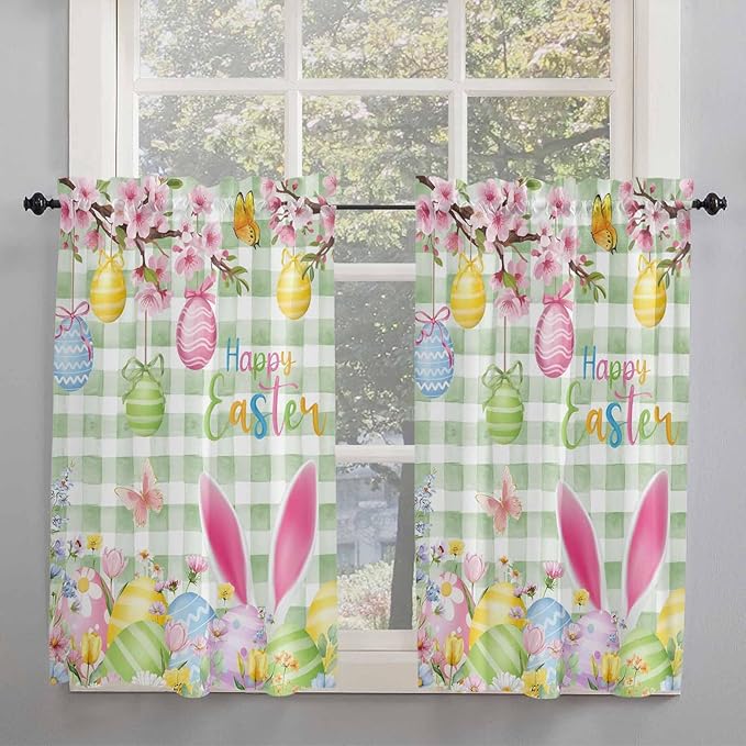 Happy Easter Tier Curtains 45 Inches Long, Spring Bunny Eggs Flower Sage Green Plaid Window Treatment Curtain Drapes, Window Half Privacy Curtains for Bedroom Bathroom, 42"x45", 2 Panels