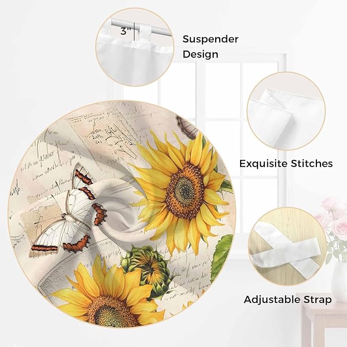 Yellow Sunflowers Bathroom Curtains 63 Inch Length, Window Curtains Tab Top, Country Farm Butterfly Flower Light Beige Light Filtering Window Treatments Drapes 52"x63" 2 Panel