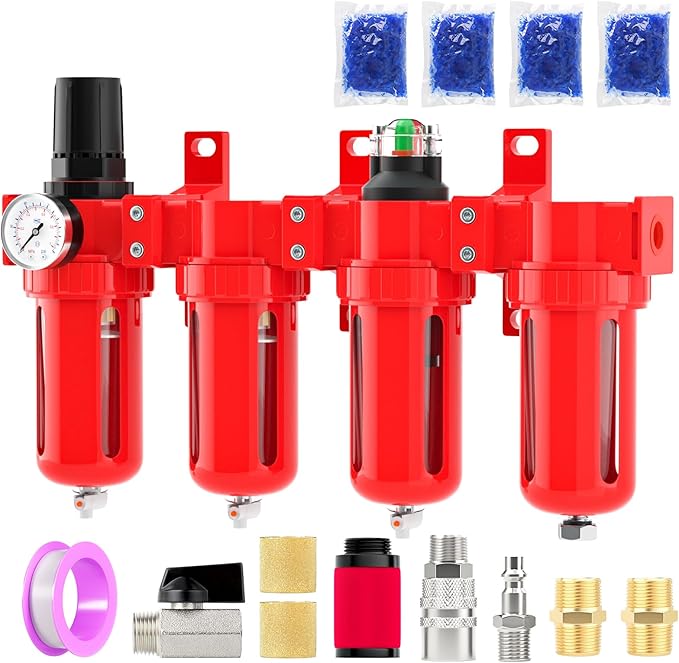 Industrial Grade 4-Stage Aluminum Air Drying System, 3/8 Inch NPT, 0-150 PSI, Desiccant Dryer, air Regulator, Particulate Filter and Coalescing Filter (Manual Drainage)