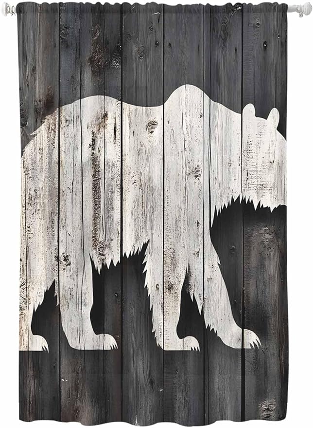 Sheer Curtains 72 Inches Long, White Brown Bear Semi Sheer Curtains Light Filtering Window Treatment, Farmhouse Country Rustic Wooden Grain Privacy Voile Drapes for Living Room Bedroom 52x72 Inch
