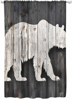 Sheer Curtains 72 Inches Long, White Brown Bear Semi Sheer Curtains Light Filtering Window Treatment, Farmhouse Country Rustic Wooden Grain Privacy Voile Drapes for Living Room Bedroom 52x72 Inch