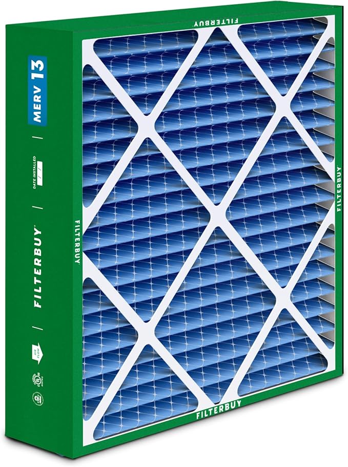 Filterbuy 24x25x5 Air Filter MERV 13 Optimal Smoke & Allergy Defense (2-Pack), Electrostatic Pleated HVAC AC Furnace Filters for Carrier FILXXCAR0024, Maytag & More (Actual Size: 23.63 x 24.69 x 4.25)