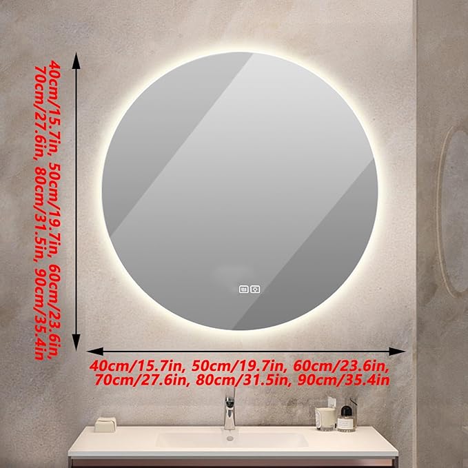 Bathroom Mirror with LED Lights and Touch Sensor, Wall Mounted Mirror with Demister Pad, 3 Colours of Light, Double Touch Button, for Entryway, Bathroom, Vanity(40cm/15.7in)