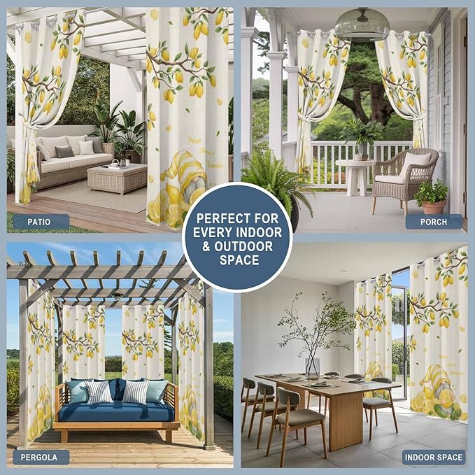 Summer Outdoor Curtains for Patio Lemon Gnome Leaf Linen Texture Waterproof Outside Curtains with Grommet Top Weatherproof Curtain for Cabana Pergola Gazebo, 2 Pack, 54" W x 84" L