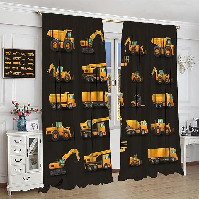 Kids Construction Window Curtains, Construction Machinery Equipment Mode of Transport Bulldozer Tractor Windows Curtain for Children Teens Room Decor 52x84in (30% Blackout)